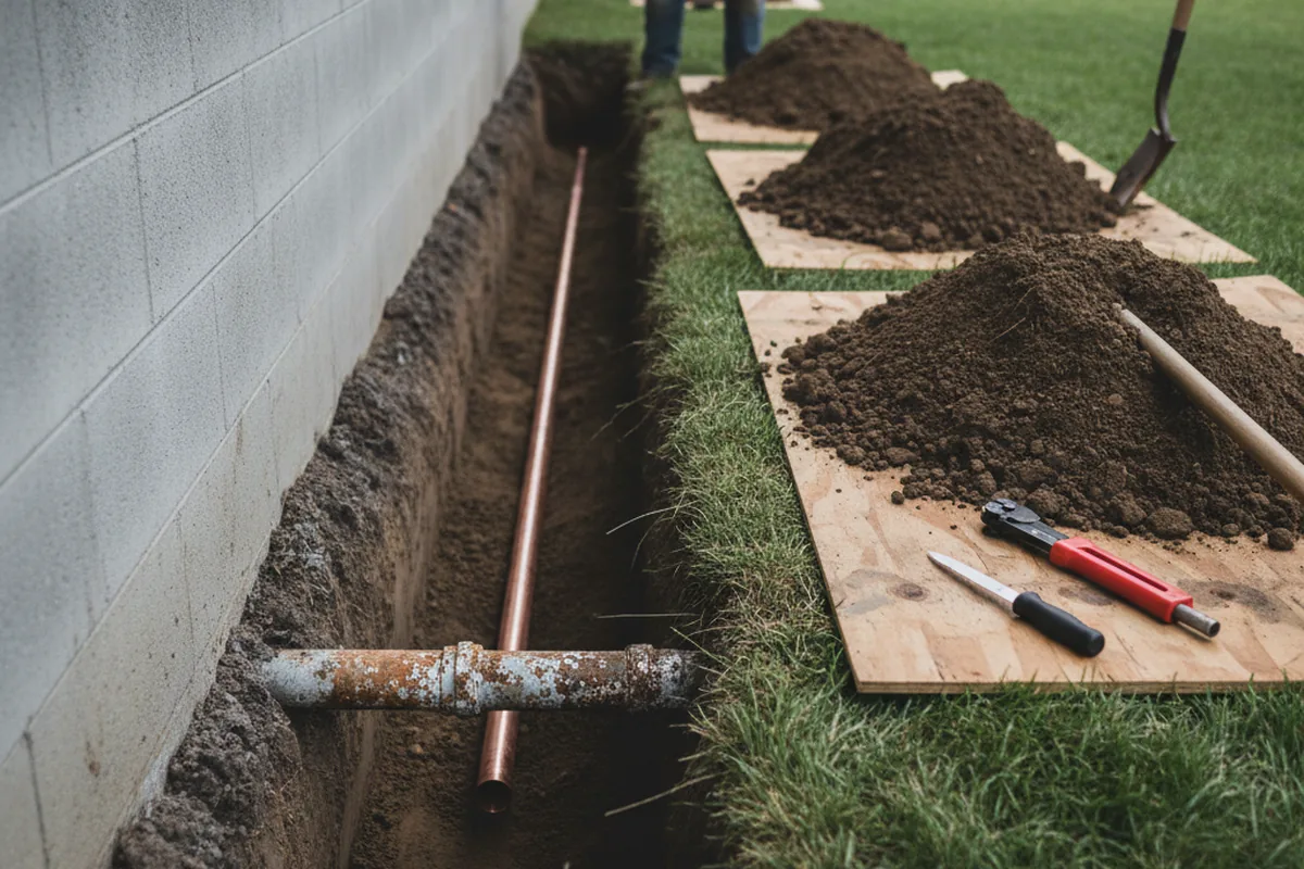 Excavated water line trench during Water Heater Repair in Sparks